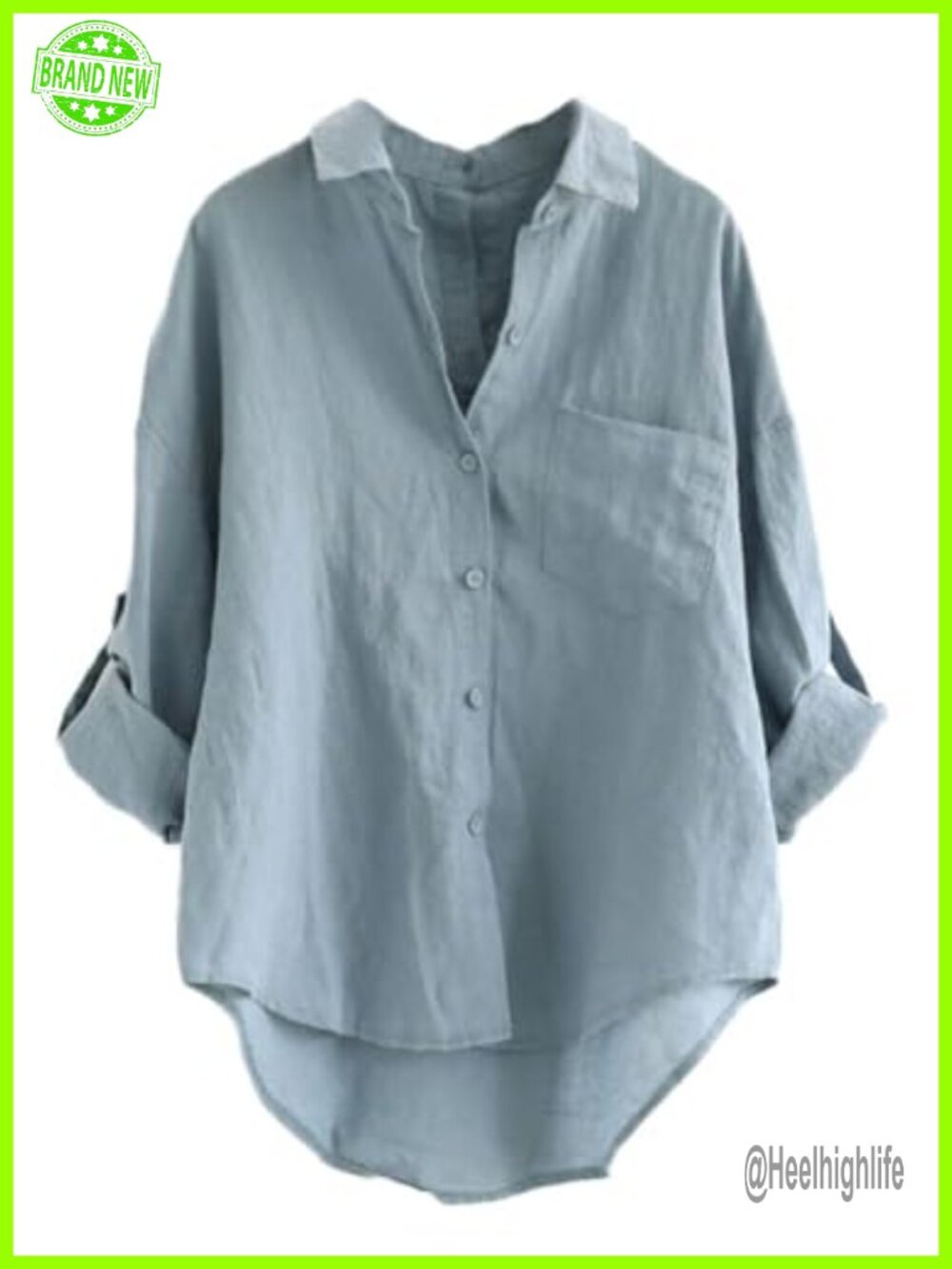 Linen Blouse High Low Shirt Roll-Up Sleeve Collared Button-Down Top